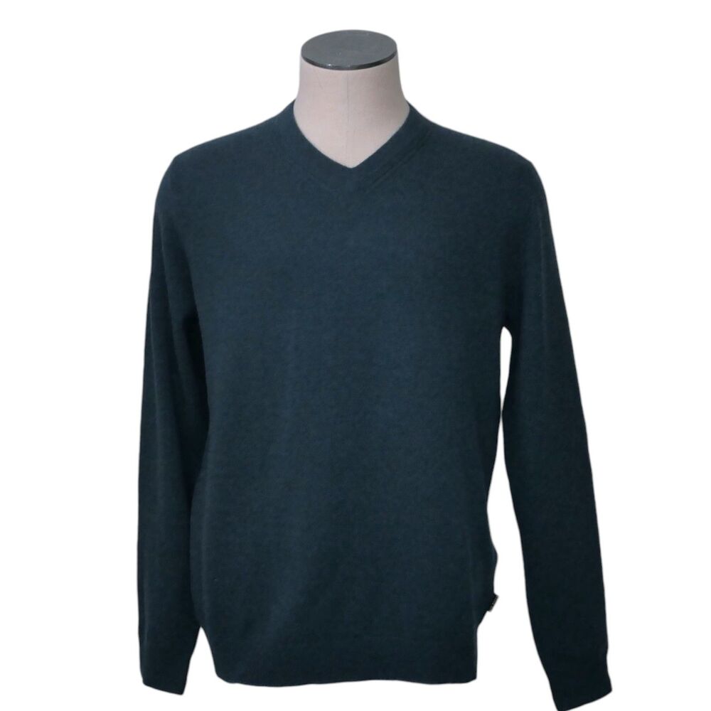 Ted Baker Sz S 100% Cashmere Men's Teal Blue Pullover V-Neck Sweater Tight Knit
